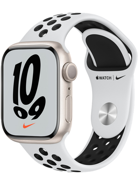 Apple Watch Nike Series 7 41 мм Алюминий Сияющая звезда/Чистая платина-чёрный MKN33RU-A