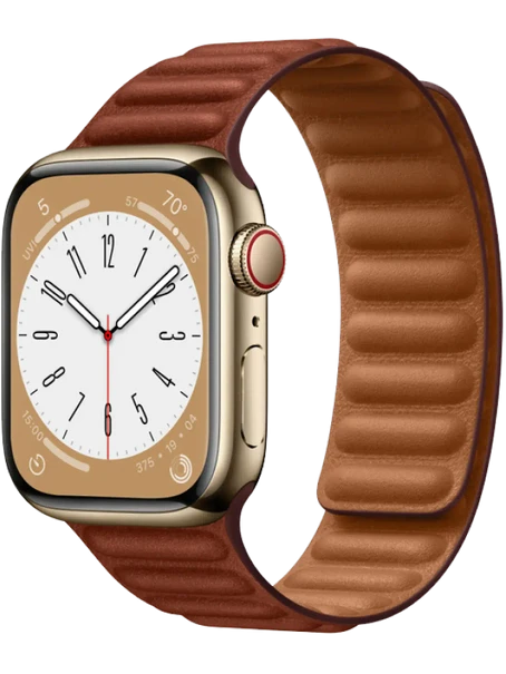 Apple Watch 8 45 мм Сталь, Кожа, Золотой, Тёмно-коричневый
